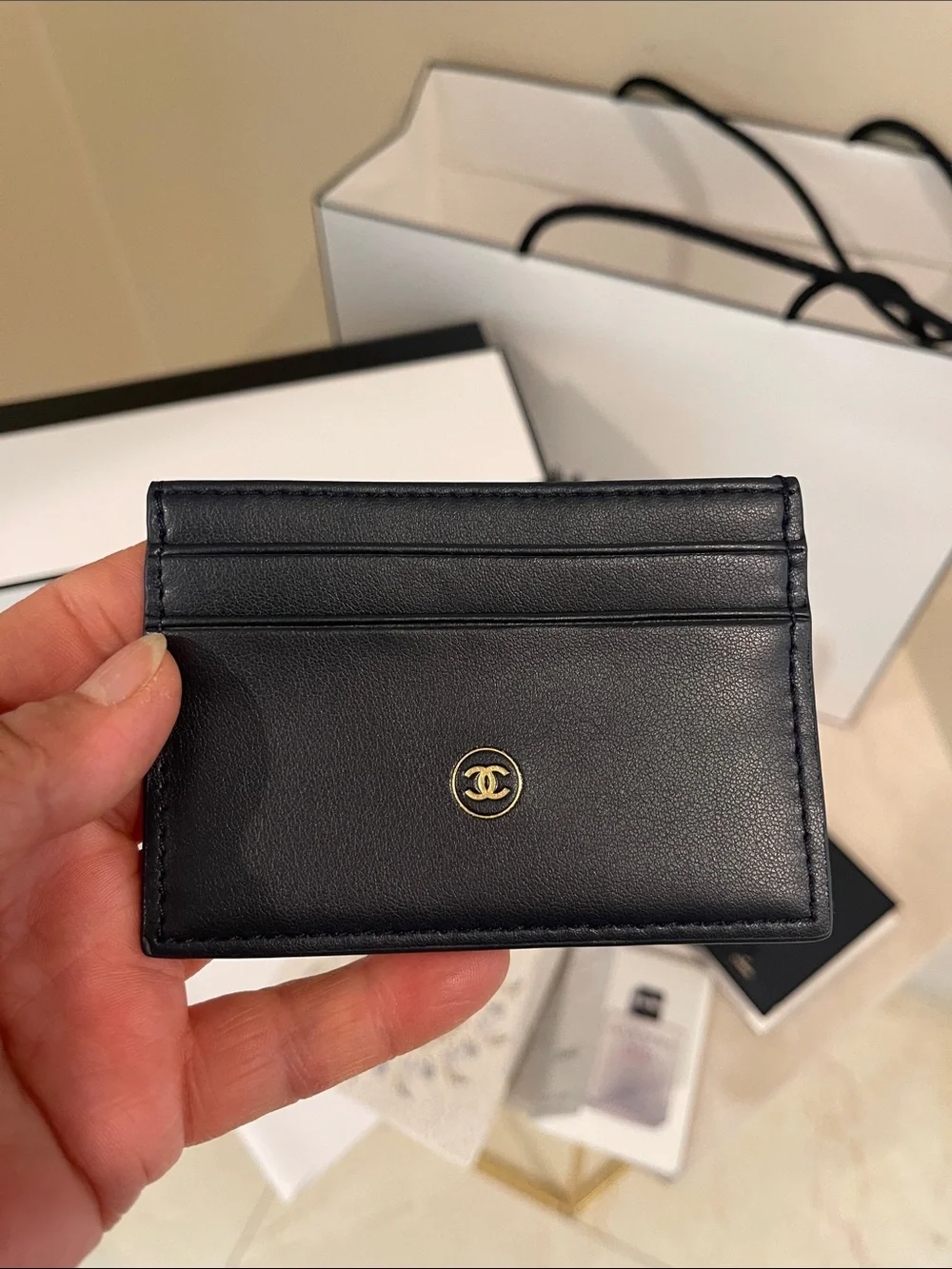 CHANEL Men’s White Gift Packaging with Leather Black Card Holder